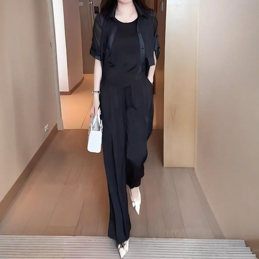 Moteriškas trijų dalių komplektas: marškiniai, liemenė ir kelnės-LT