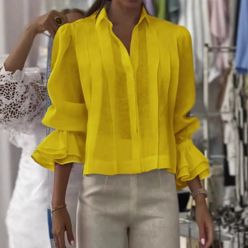 【S-3XL】✨🌼Camisa elegante con volantes y patrón plisado-ES