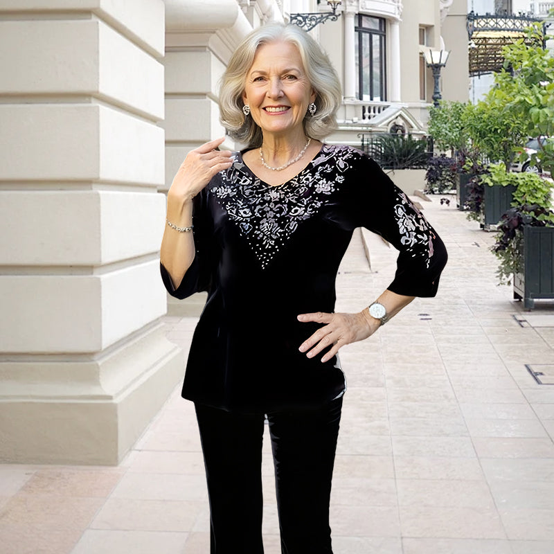 💞Γυναικείο βελούδινο τοπ και παντελόνι με στρας-GR