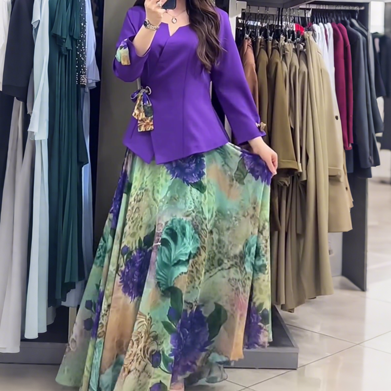 💜Elegantiškas dviejų dalių komplektas – palaidinė ir sijonas su gėlių motyvais