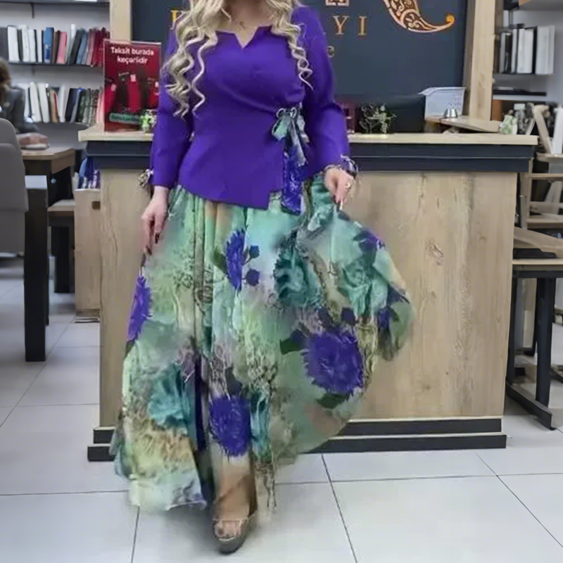 💜Elegantiškas dviejų dalių komplektas – palaidinė ir sijonas su gėlių motyvais