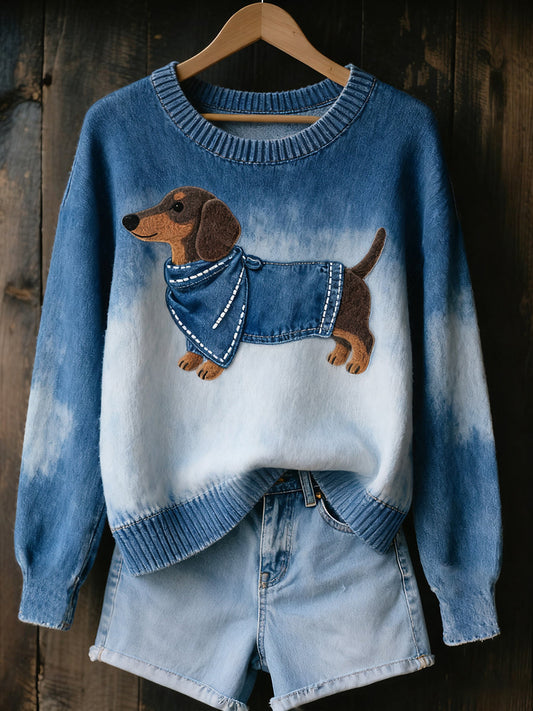 Moteriškas jaukus megztas megztinis su gyvūnų raštu ir vintažiniu meno kūriniu-LT