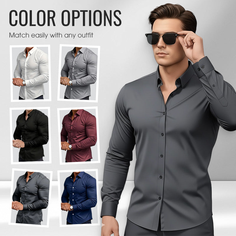 Camisa lisa de manga larga para hombre - material resistente a las arrugas-ES