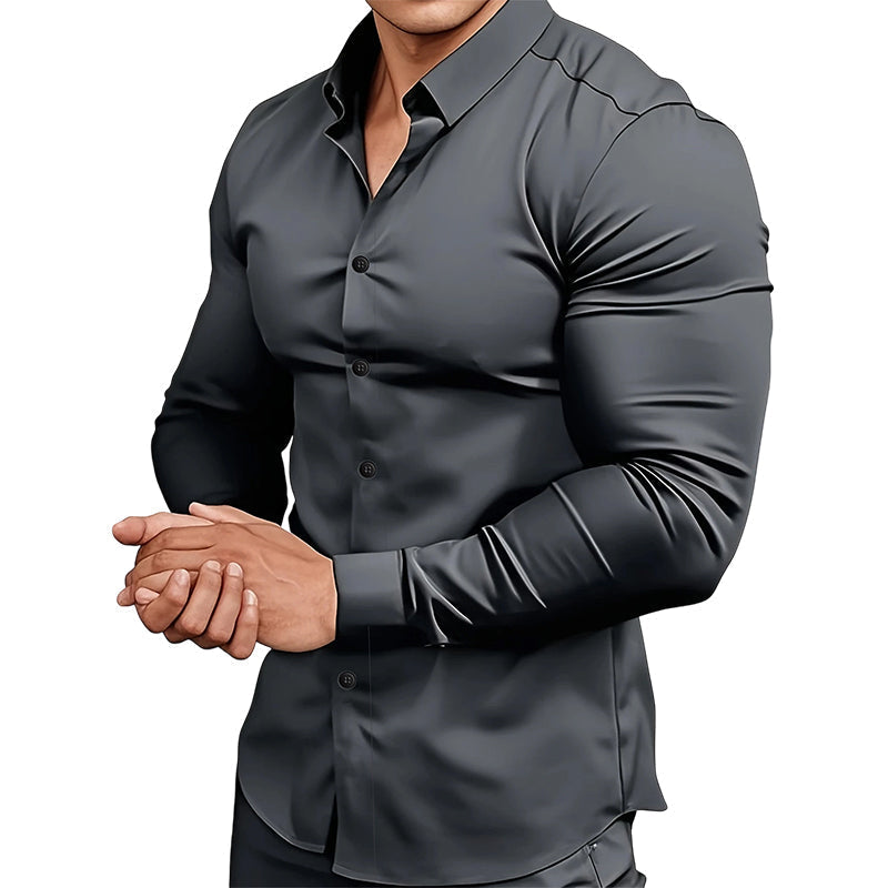 Camisa lisa de manga larga para hombre - material resistente a las arrugas-ES