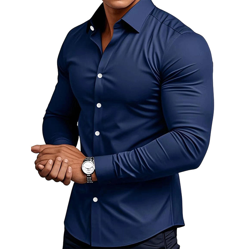 Camisa lisa de manga larga para hombre - material resistente a las arrugas-ES