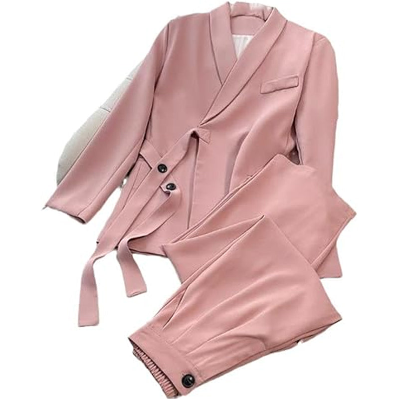 Conjunto de dos piezas para mujer: chaqueta con lazo frontal y pantalón de pierna ancha.-ES