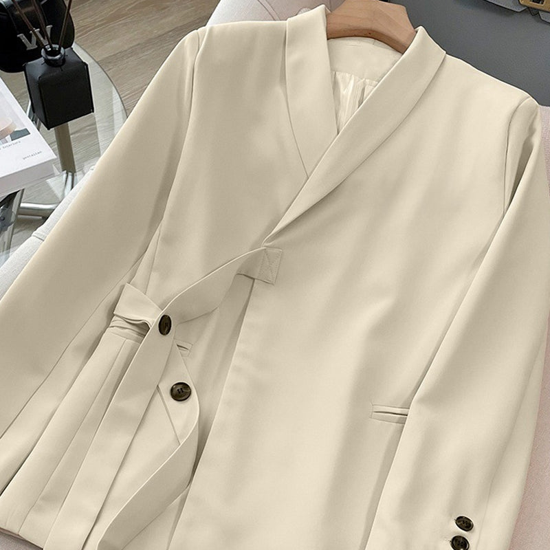 Conjunto de dos piezas para mujer: chaqueta con lazo frontal y pantalón de pierna ancha.-ES