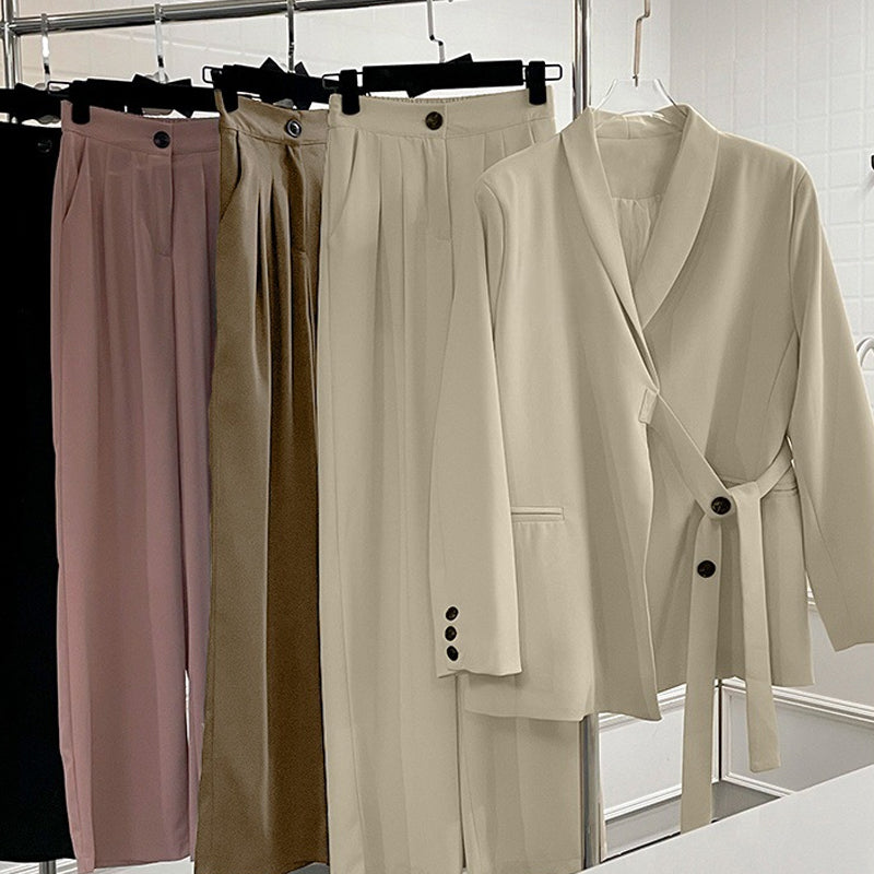 Conjunto de dos piezas para mujer: chaqueta con lazo frontal y pantalón de pierna ancha.-ES