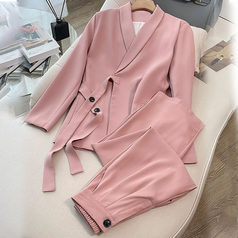 Conjunto de dos piezas para mujer: chaqueta con lazo frontal y pantalón de pierna ancha.-ES