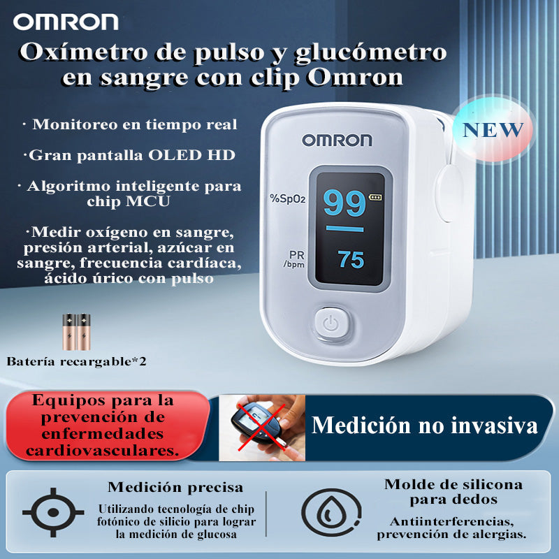 Oxímetro de pulso y medidor de glucosa con clip Omron miden el